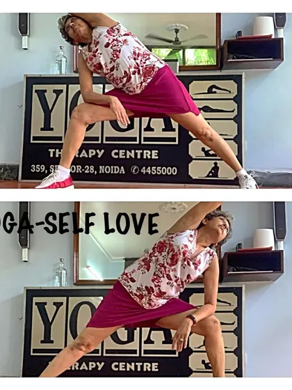 A two-part view of the side angle pose, showing the dynamic stretch and strength it requires. Yoga is a practice of self-love, moving in ways that nourish you.