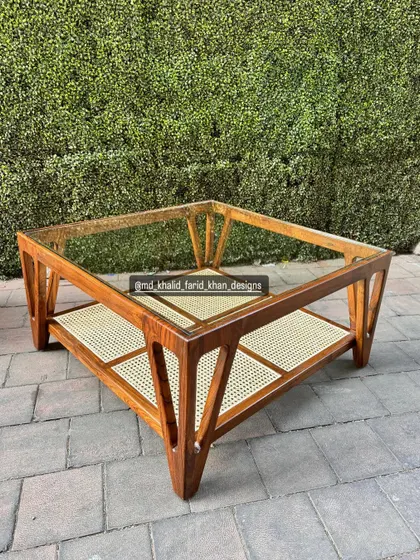 An angled shot that shows the geometric structure of the table legs.