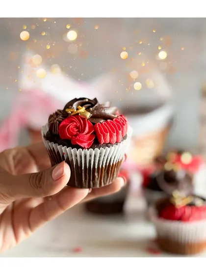 A magical close-up of our Valentine's Day cupcake. Each one is a little work of art, designed to make your special someone feel loved.