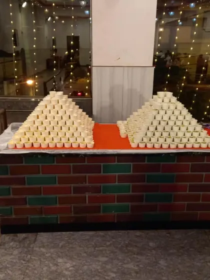 A pyramid of dessert cups ready to be served at SSR Function Hall. We believe in beautiful presentation for every course, including our sweet endings like Dal ka Mitha or fruit custard.