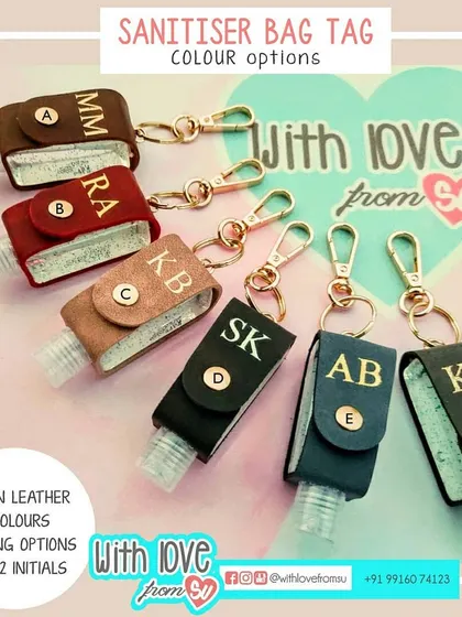 A full look at the color options for my sanitizer bag tags. I offer six different shades of vegan leather, from classic brown and charcoal to vibrant scarlet and salmon, so you can find the perfect match.