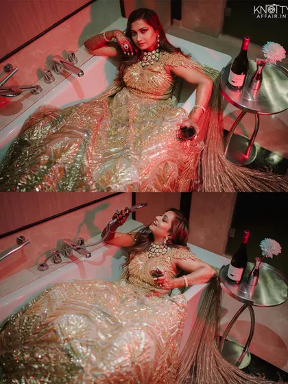 A fun, stylized portrait of the bride in a bathtub, singing into a shower head. We encourage creativity and capture your playful personality.