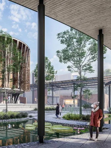 This perspective from a covered walkway at the Centre for Excellence shows how we frame views of the landscape and other buildings. The pathways are designed to be an integral part of the architectural journey.