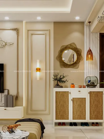 This custom shoe cabinet features rattan-fronted doors and is placed next to an elegant TV unit with classic wall mouldings. It's a perfect blend of style and functionality.