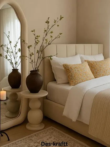A cozy bedroom corner featuring a cream-colored upholstered bed, a sculptural side table, and a large, organically shaped mirror that adds a modern, artistic touch.