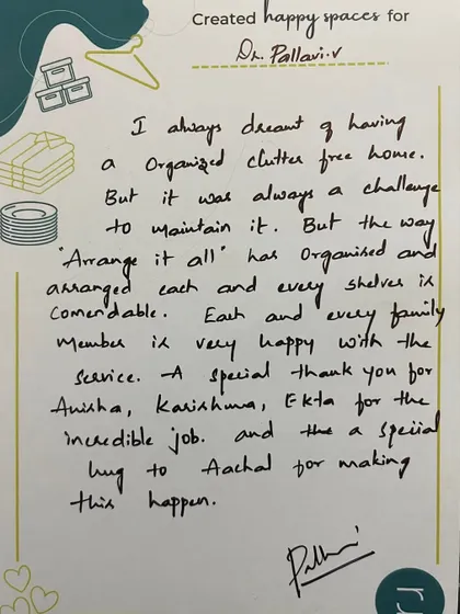 "I always dreamt of having an organized clutter free home." A beautiful review card from a happy client.