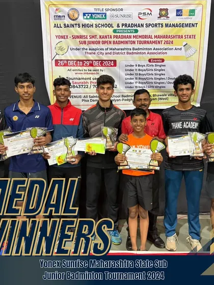 A group photo of our medal winners at the Yonex-Sunrise Maharashtra State Sub Junior Open Badminton Tournament.