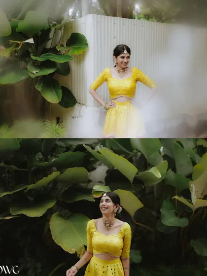 A collage of the bride in her yellow Haldi outfit, surrounded by lush greenery and a touch of artistic smoke.