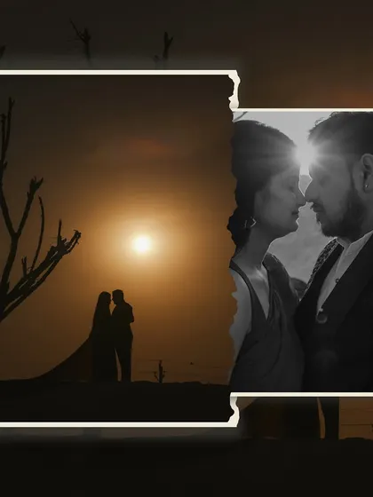 A creative composite featuring a dramatic sunset silhouette and an intimate black and white close-up, both shot at our versatile film city location.