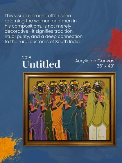An untitled 2018 acrylic on canvas by Thota Vaikuntam. This visual element of adorned foreheads is not merely decorative; it signifies a deep connection to the rural customs of South India.