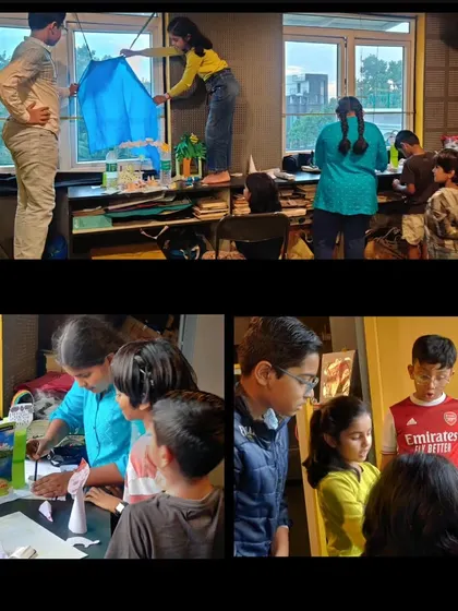 More from our object theatre workshop, where kids are seen collaborating to build their installations. This process teaches them teamwork, problem-solving, and creative expression.