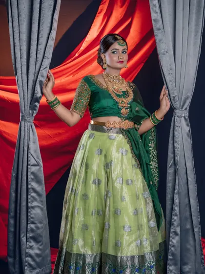 A dramatic pose that showcases the entire look.
