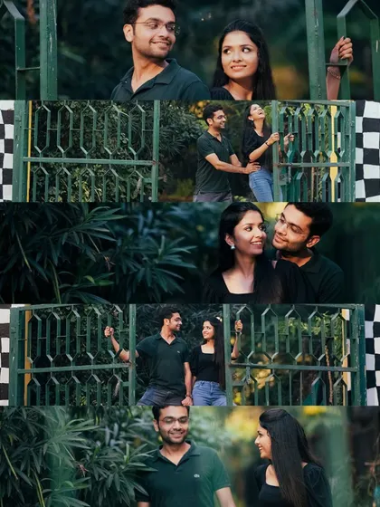 A collage of moments from a styled shoot in a lush, green setting. It shows the couple interacting playfully by a gate, capturing a variety of candid and gently posed shots that tell a story.