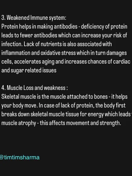 More signs of protein deficiency include a weakened immune system and muscle loss. Protein is essential for making antibodies and maintaining the skeletal muscle you need to move and perform.