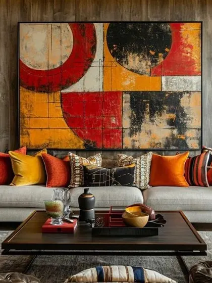 A collection of our vibrant, large-scale abstract commissions shown in various contemporary living spaces. Each piece is tailored to the room's architecture and color scheme, demonstrating the versatility of our custom art services for modern interiors.
