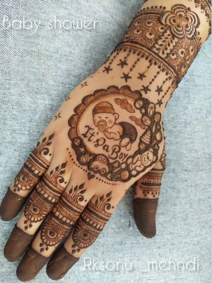 A sweet and simple design for the back of the hand to announce "It's a Boy!". This design is perfect for a baby shower, surrounded by cute motifs of toys, stars, and clouds.
