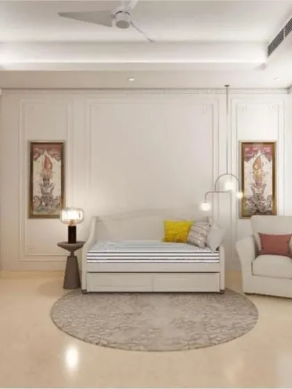 A versatile guest room or den with a daybed, showcasing elegant wall paneling and decorative screens.