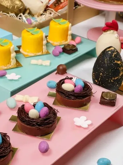 A delightful assortment of Easter-themed pastries and chocolates. We can create a full dessert table to match any festive occasion.