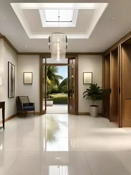 A grand and spacious foyer with high ceilings and a beautiful chandelier. The clean, polished floors and simple, elegant furniture create a bright and welcoming entrance to the home.