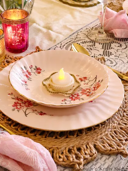 A close-up of a place setting from my Diwali table, featuring a tiny crochet candle holder.