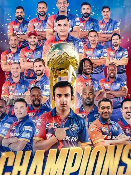 Champions. This poster celebrates the India Capitals team, including Pravin Tambe, as winners of the LLC T20, reinforcing the champion's mindset we teach.