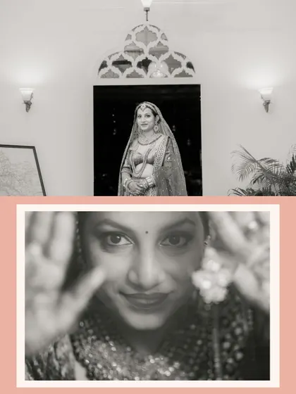 A creative bridal portrait collage, combining a full-length shot with a playful, artistic close-up.