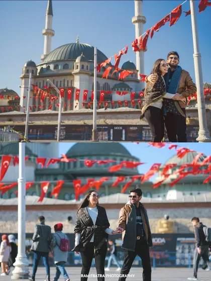 A collage of scenes from Istanbul, with the couple posing in front of a mosque and walking the busy streets.