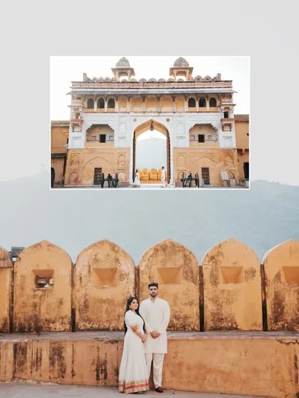 A creative composition showing the couple against the fort walls, with an inset image of the grand entrance, telling a layered story.