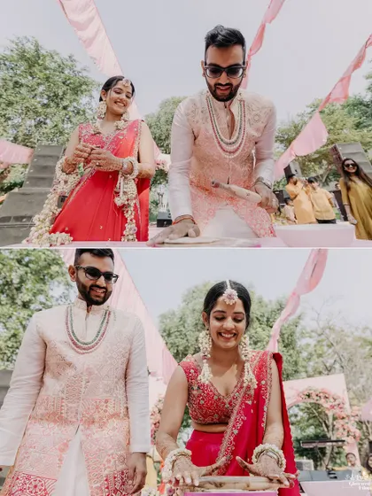 The couple participating in a fun game during their Haldi, adding a dose of competitive fun to the celebration.