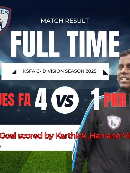 A dominant 4-1 victory for Blues FA against PKR FC in the KSFA C-Division, with goals from Karthick, Hari, and a brace from Vishal.
