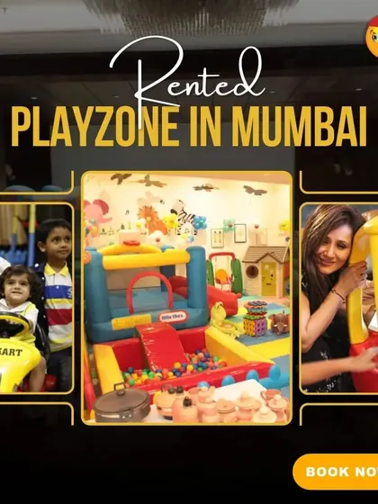 A rented playzone in Mumbai. This collage shows kids having a blast on a go-kart and a mother enjoying a moment with her child in a ride-on car, capturing the precious memories made.