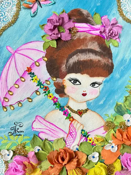 Another close-up of the girl with the umbrella. This view highlights her sweet expression and the sculpted flowers in her hair, which connect the painted and 3D elements of the piece.