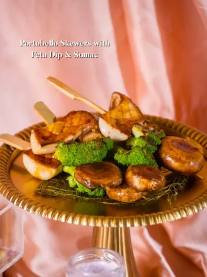 Portobello Skewers with Feta Dip & Sumac. A simple, elegant, and flavorful vegetarian option for any grazing table.