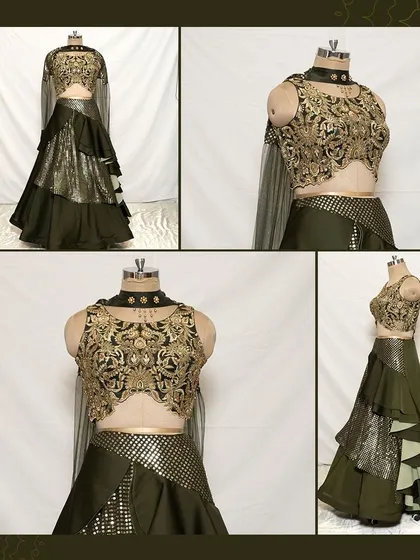 A collage showing our olive green tiered lehenga with a gold embroidered blouse. This is a fantastic choice for a Mehandi or Sangeet function.