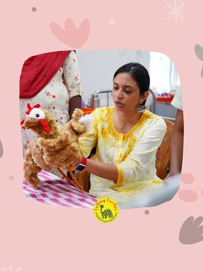 A close-up of my chicken puppet, a favorite among many audiences. Sometimes, all it takes is a friendly puppet to help someone pause, breathe, and reconnect.