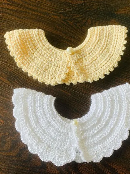 Both the yellow and white crochet collars shown together, perfect for adding a touch of summer elegance.