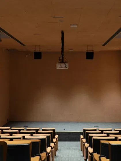 The auditorium designed for Biovet, with a color scheme reflecting the company's logo. The design carefully balances audio-visual requirements, HVAC systems, acoustics, and aesthetics for a complete functional space.
