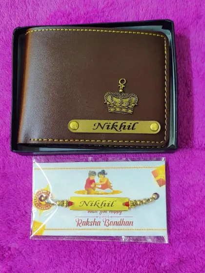 A simple Rakhi combo with a personalized wallet and a matching name rakhi.