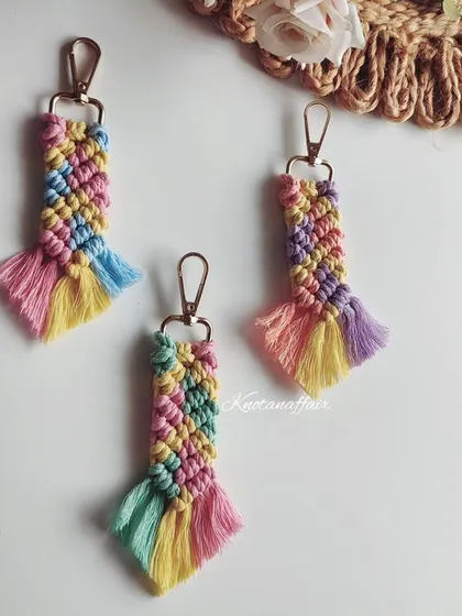A trio of my bestselling pastel rainbow macrame keychains. These are so cheerful and have been a huge hit. I've made over 250 of these in the last few months.