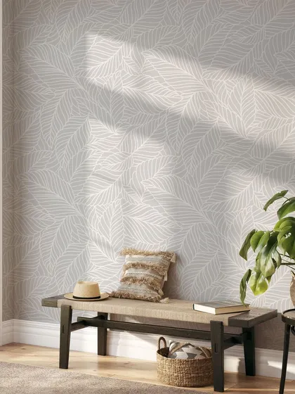 This entryway showcases our Pastel Leaves wallpaper, a design that brings a soft, gentle touch of nature indoors. The light colors and subtle pattern create a serene and welcoming space.