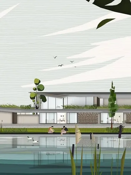 This illustrated elevation for an Alibaug home was created to be more like a painting. It captures the mood and atmosphere of the house in its natural setting, reflecting the passing of time and its connection to the surrounding fields and pond.