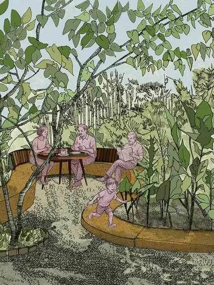 **Playfold, Ahmedabad:** This illustration visualizes how the space is meant to be used by the family. It shows children playing, adults conversing, and individuals relaxing, highlighting the multi-functional and social nature of the design.