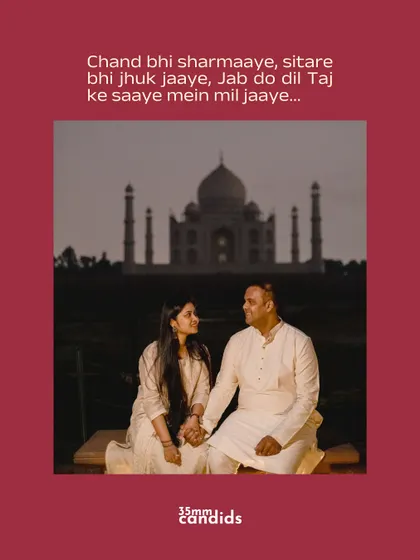 In the shadow of the Taj Mahal, the ultimate symbol of love. This pre-wedding portrait is classic, romantic, and deeply meaningful.