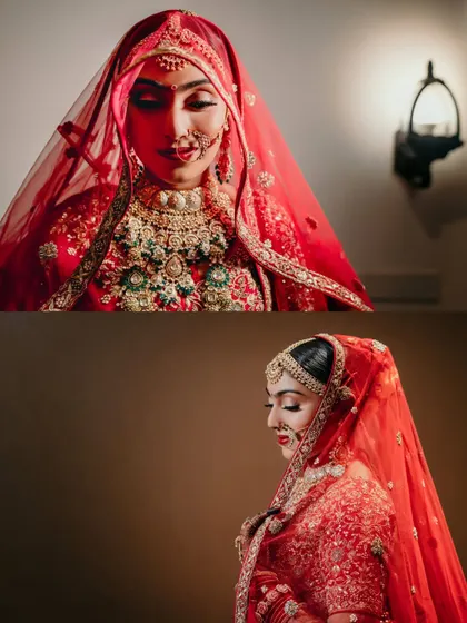 A collage of the bride's portraits in her red lehenga. The close-up on her face and the profile shot showcase her beauty and the elegance of her veil.