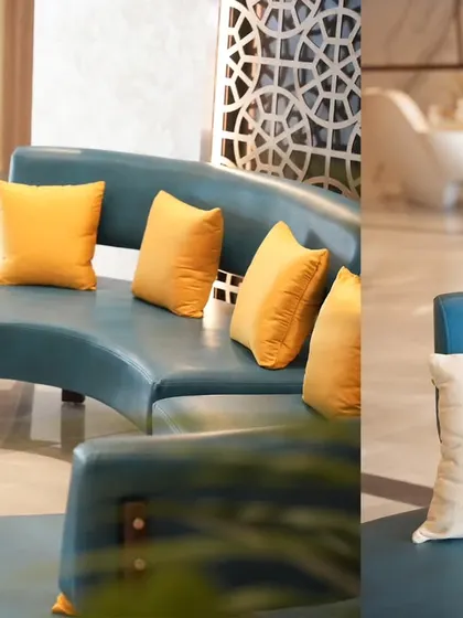 A diptych showcasing the vibrant seating arrangements in a commercial lounge. The composition contrasts the bold yellow cushions on a curved teal sofa with a clean, minimalist white cushion, highlighting the project's color palette and furniture selection.