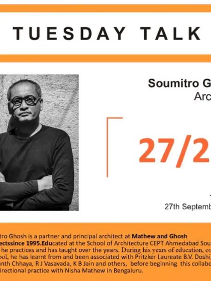 The announcement for my "Tuesday Talk" at Sangath, the renowned studio of B.V. Doshi. Presenting my work in a space that is so significant to my own architectural education was a meaningful, full-circle moment.