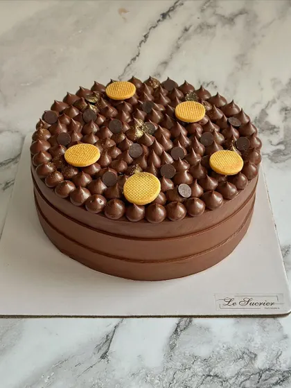 A simple yet elegant finish on my Decadent Belgian Chocolate Cake, topped with piped ganache and chocolate biscuits.