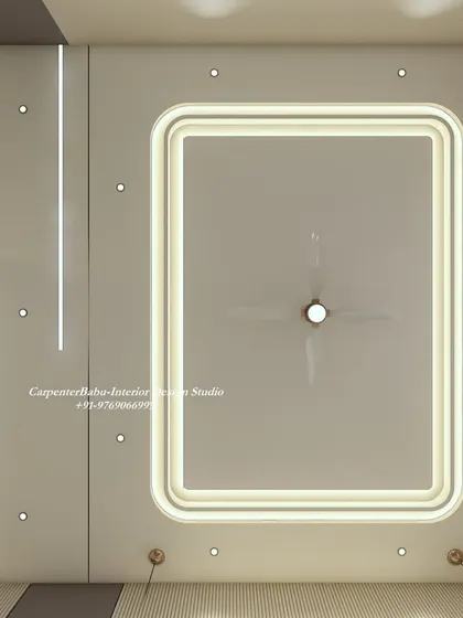 A bedroom false ceiling with a central illuminated panel and linear lights, creating a modern and dynamic look.
