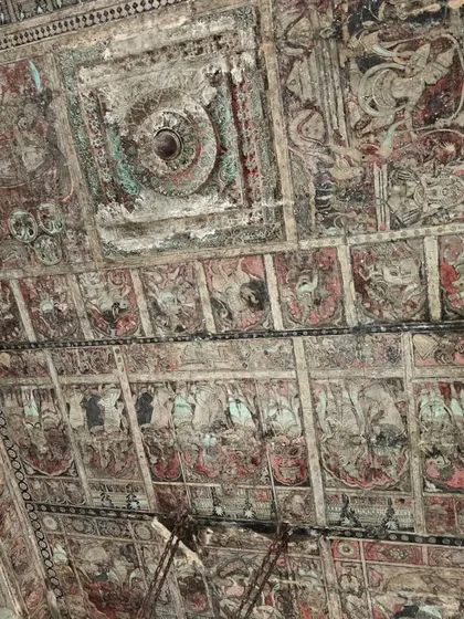 A close up of the surviving painted ceiling at Virupaksha temple, showcasing a distinct artistic tradition that has withstood time.