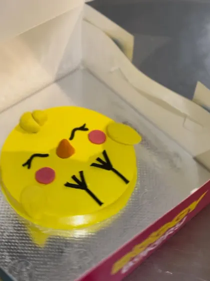 Our adorable Easter chick cake, ready to go in its box. It's a sweet, festive treat to make your pup hop with joy.